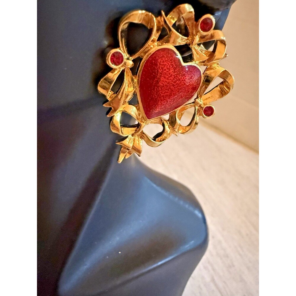 Vintage Avon Gold Tone Red Enamel Heart Ribbon Bow Statement Earrings Crystal